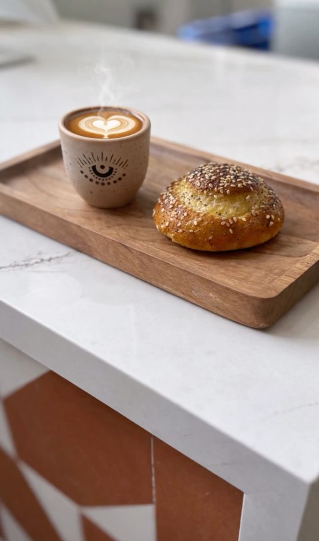 Seeded Persian bun with a heart latte in an eye cup at Caspian Coast Coffee