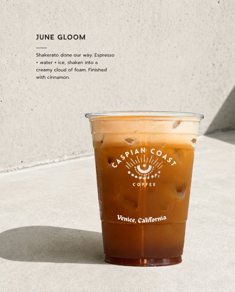 June Gloom — espresso shakerato shaken into a creamy cloud of foam, finished with cinnamon
